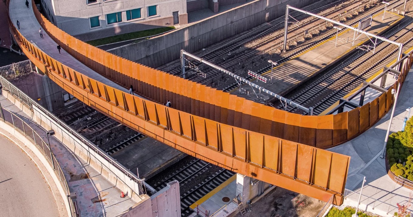 The ISEC pedestrian bridge over the rail lines